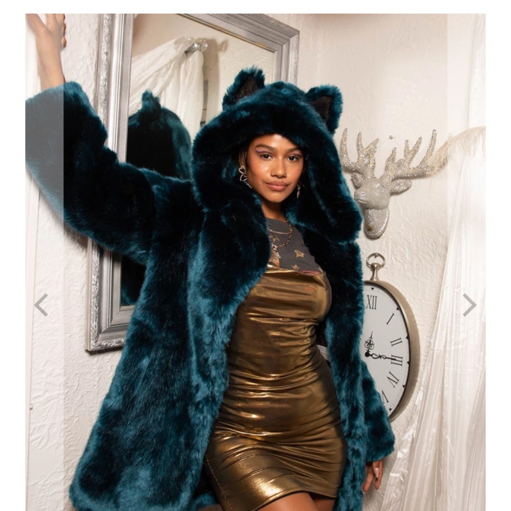 Teal Faux Fur Hooded Coat Spirit Hood